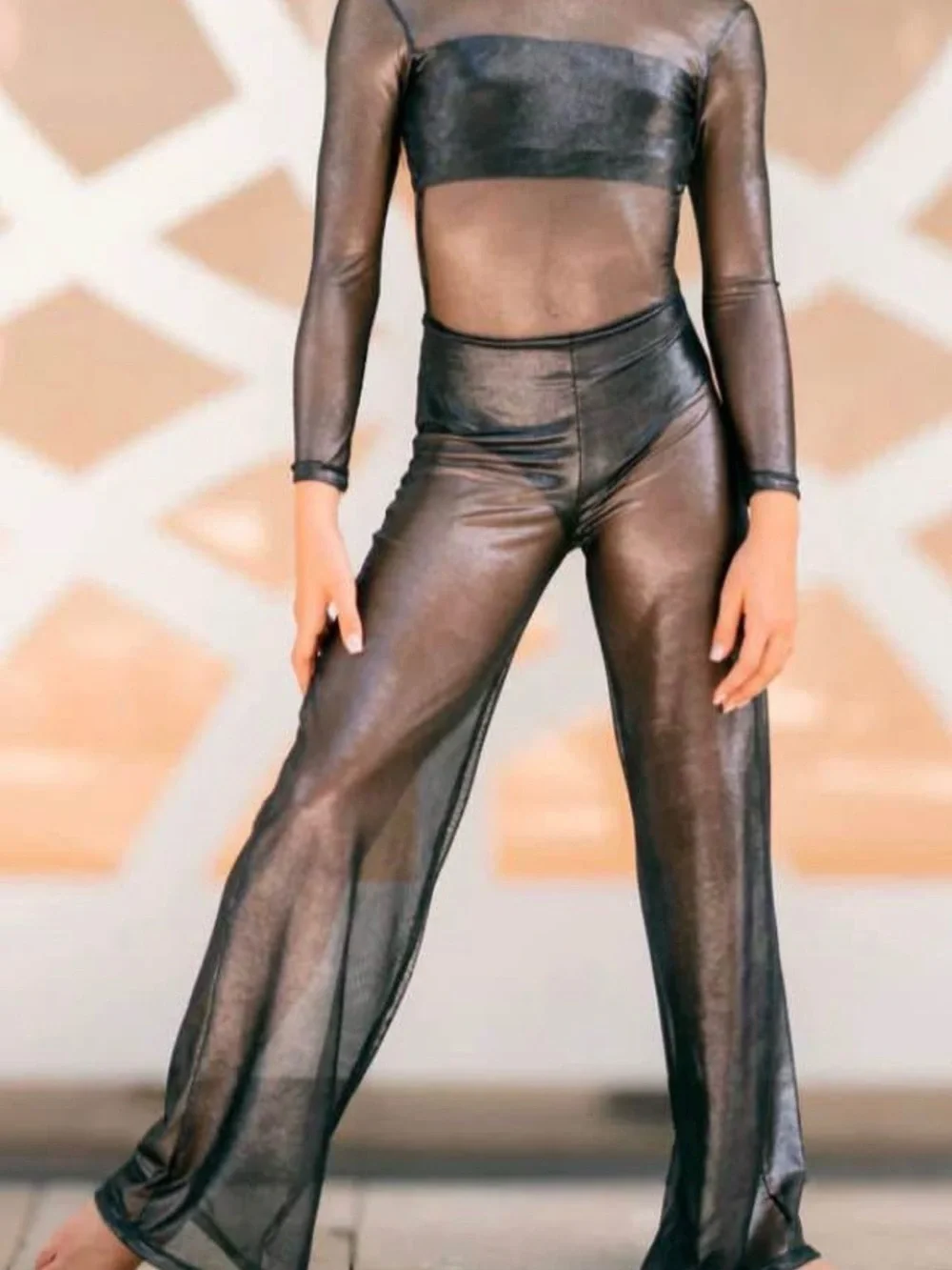 Metallic Black Sheer Unitard Dance Costume